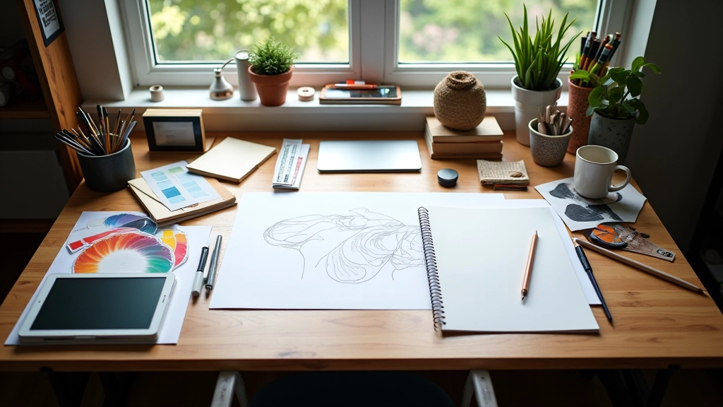 لوحة رسم مع أقلام تصميم وعينات ألوان على طاولة خشبية